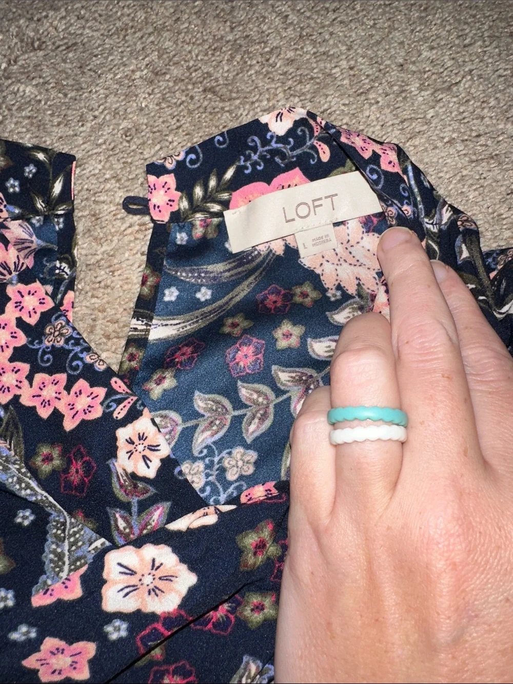 LOFT Navy Floral Peasant Blouse with Pink Flowers